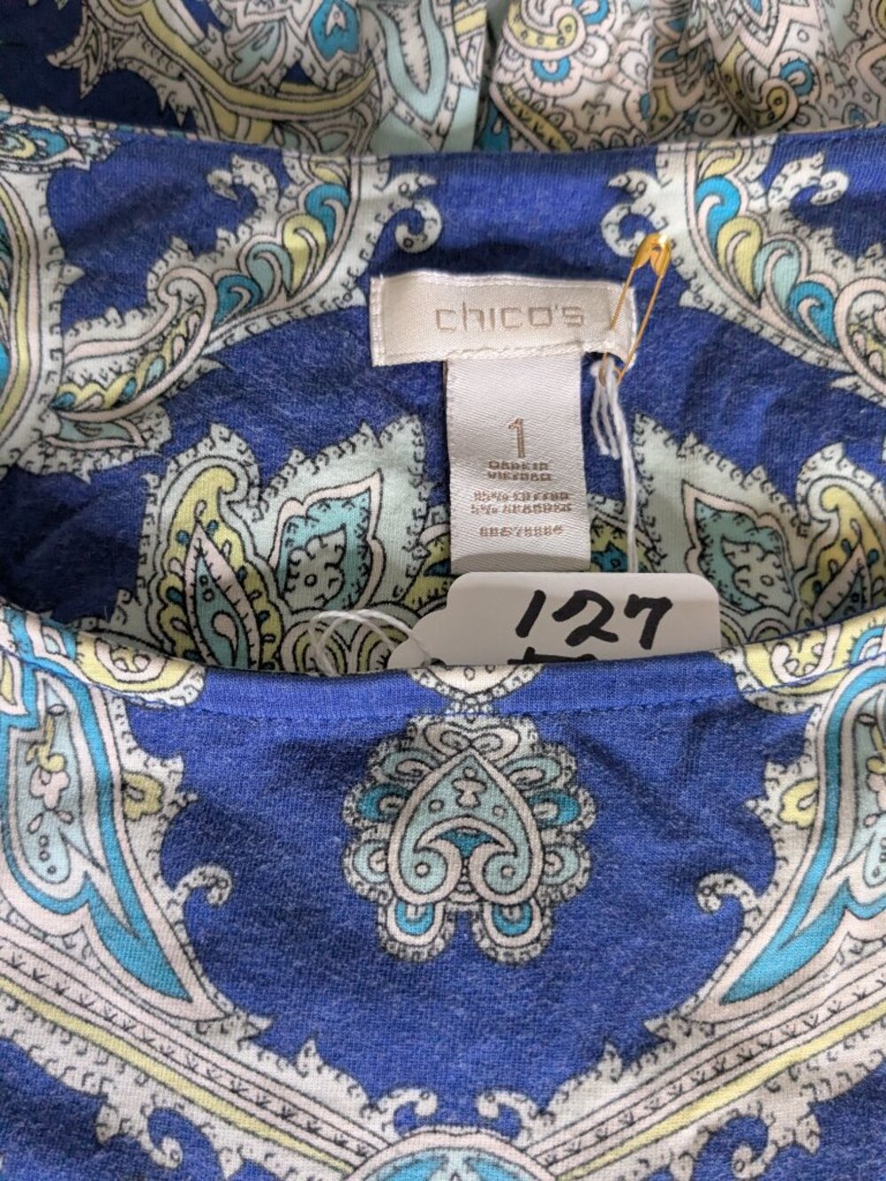 Chico's Blue Aqua Paisley Short Sleeve Tee Size 1 M - Picture 3 of 4
